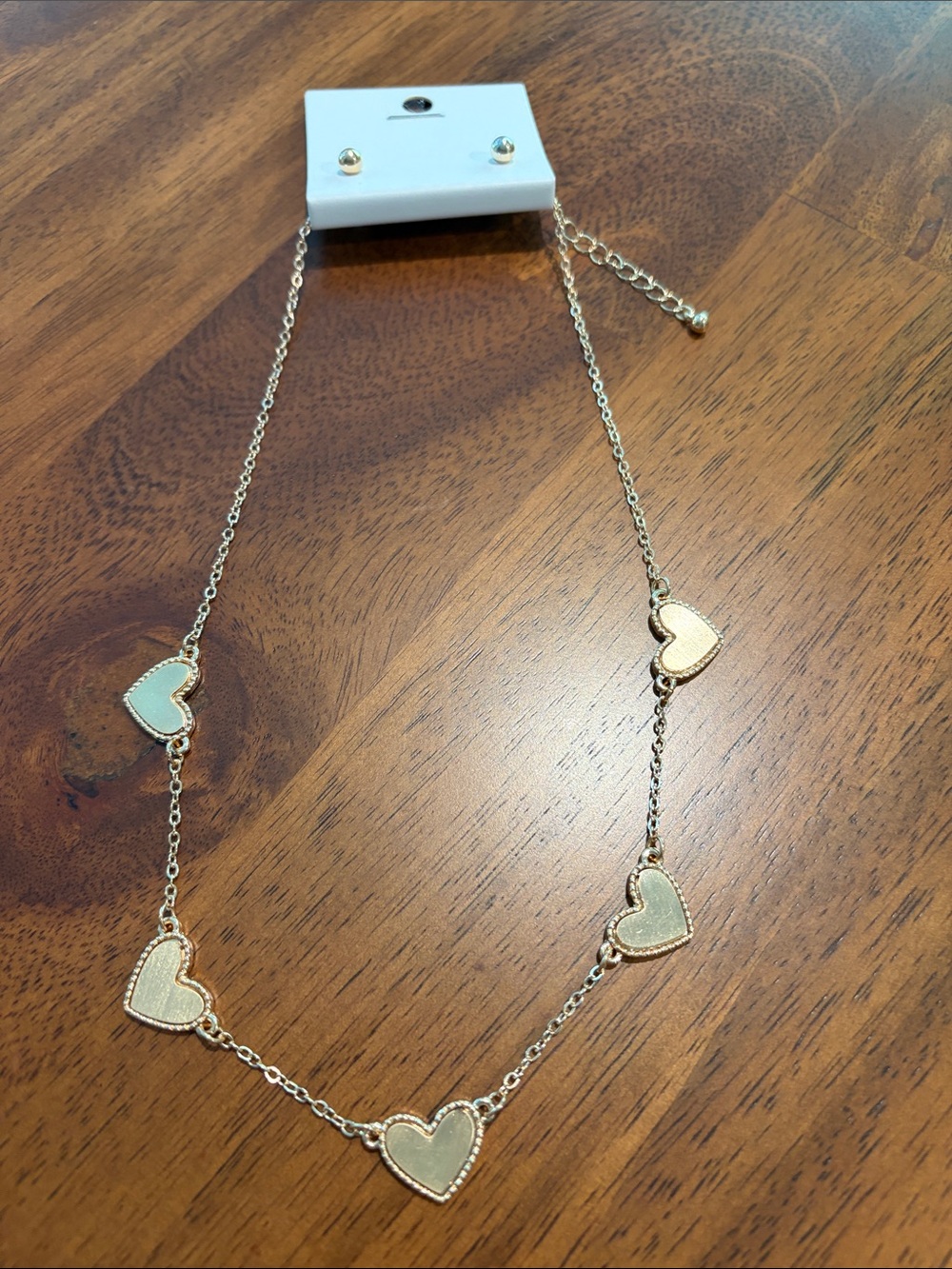 Rose Gold Heart Link Necklace with Five Hearts & Gold Stud Earrings
